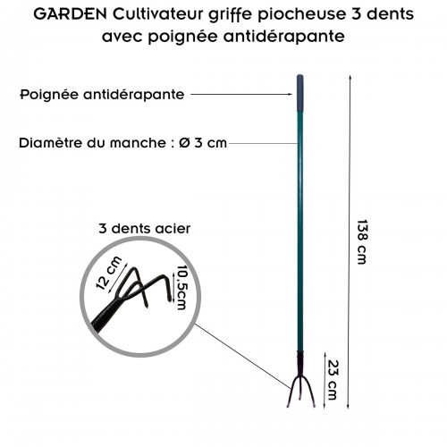 GARDEN Outils de jardinage - Cultivateur griffe piocheuse 3 dents avec manche long 2
