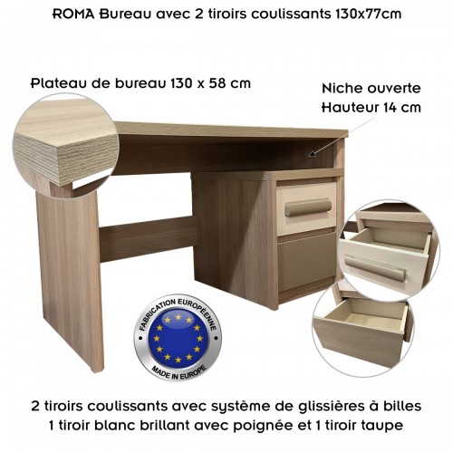 ROMA - Bureau avec 2 tiroirs coulissants  130x77cm 2