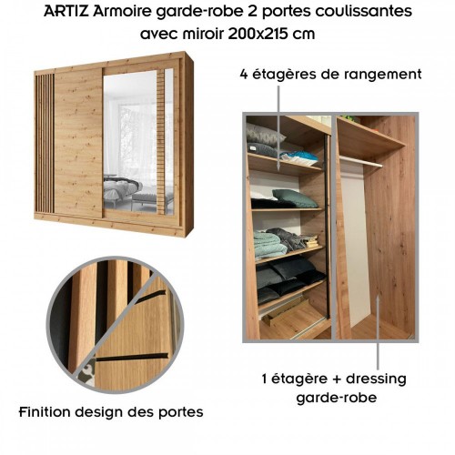 ARTIZ Ensemble Armoire portes coulissantes et Commode 4 tiroirs 2