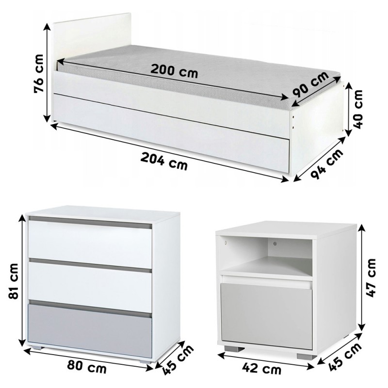 DALIA Chambre enfant adolescent avec lit + chevet  + commode