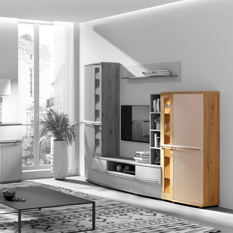 CANDY Armoire vitrée 5 étages courbée à relief en bois moderne design épuré