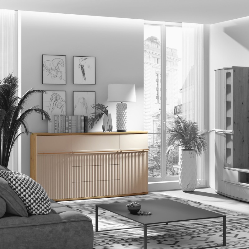 CANDY Buffet 2 portes 4 tiroirs 175x101 cm courbé à relief en bois design moderne épuré