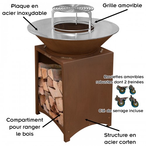 FIESTA Brasero haut acier corten avec plaque et grille amovible inox barbecue plancha extérieur 2