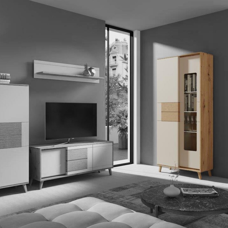 BRUNO Vitrine avec LED 2 portes 5 étages 87x193 cm en bois clair design intemporel