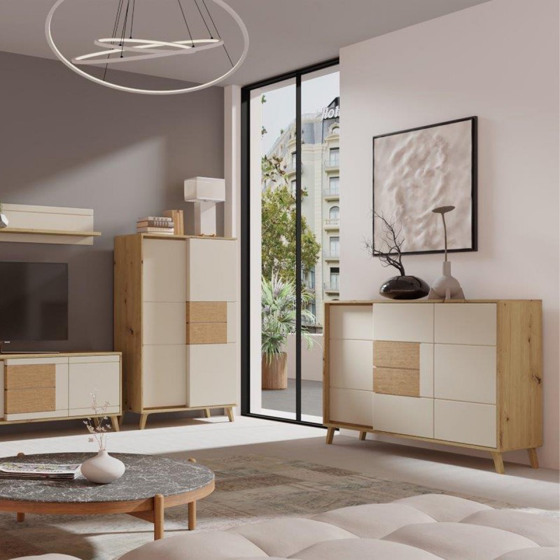 BRUNO Buffet 3 portes blanc et bois clair