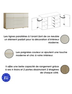 CANDY Buffet 2 portes 4 tiroirs 175x101 cm courbé à relief en bois design moderne épuré 2