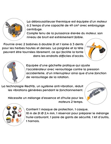 Débroussailleuse thermique 49 cm³ 6 CV effectif + kit d'accessoires