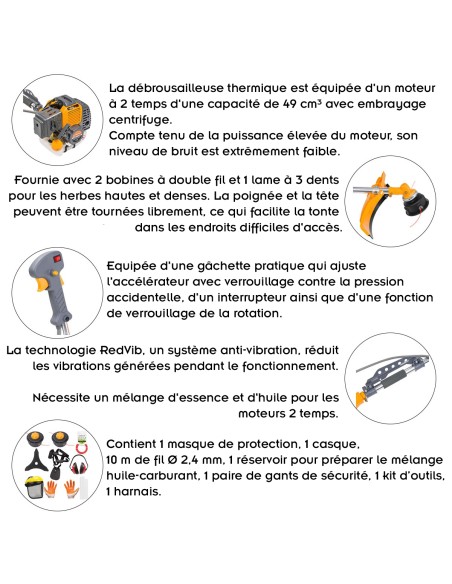 Débroussailleuse thermique 49 cm³ 6 CV effectif + kit d'accessoires