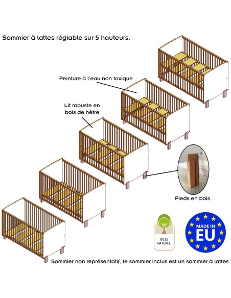 MATTI Lit bébé évolutif à barreaux pieds droits vernis écologique MATTI Lit bébé évolutif à barreaux pieds droits vernis écologique