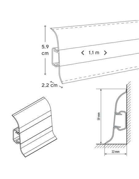 Angle extérieur + support pour plinthe PVC 59 mm