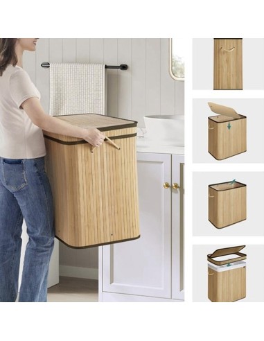 Panier à linge robuste en bambou  100 L 2 compartiments salle de bain