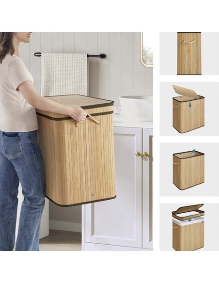 Panier à linge robuste en bambou  100 L 2 compartiments salle de bain