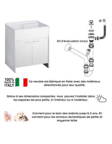 Meuble buanderie double porte PVC avec vasque bac à laver polypropylène 80x50