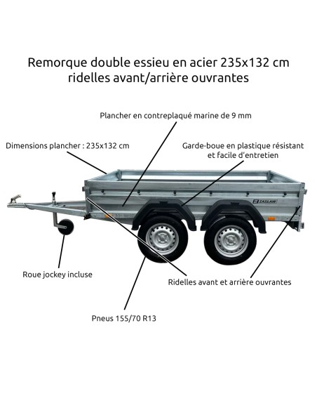 Remorque double essieu 235T ridelles avant/arrière ouvrantes démontage latéral rapide