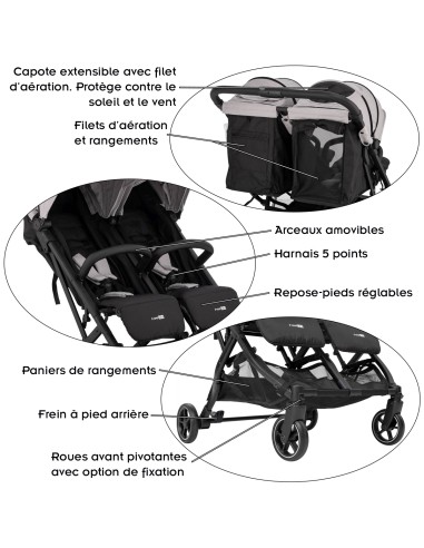 Poussette jumeaux ou enfants rapprochés largeur 74 cm