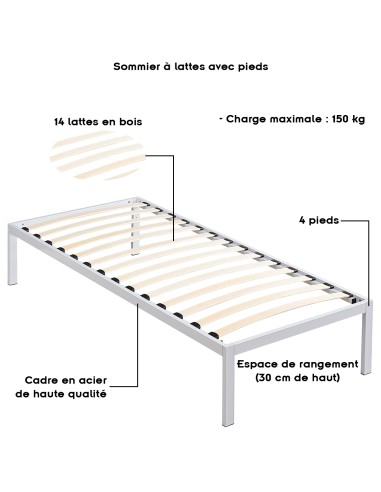 Cadre de lit en acier robuste avec sommier à lattes en bois et pieds
