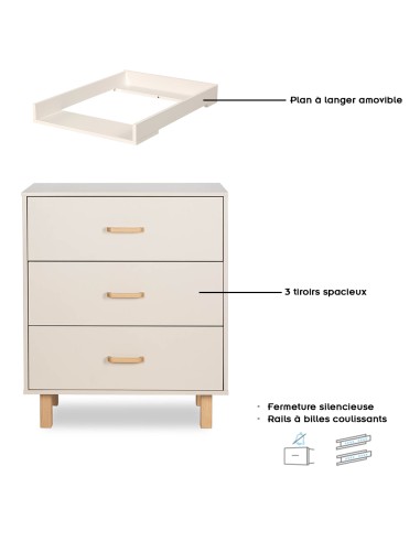 LAURA Commode bébé en bois de hêtre 3 tiroirs Champagne