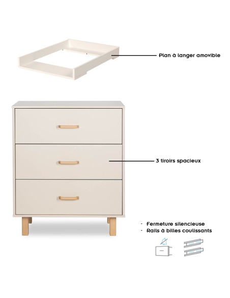 LAURA Commode bébé en bois de hêtre 3 tiroirs Champagne