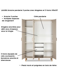 LAURA Armoire penderie 3 portes avec étagères et 3 tiroirs 195x137 2