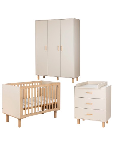 LAURA Chambre bébé armoire commode et lit évolutif 120x60 Champagne