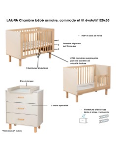 LAURA Chambre bébé armoire commode et lit évolutif 120x60 Champagne 2
