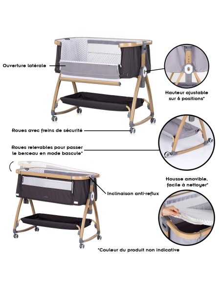 CHARISMA Lit bébé cododo ouverture latérale Inclinaison anti-reflux hauteur réglable 6 positions