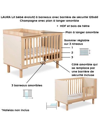 LAURA Lit bébé évolutif à barreaux avec barrière de sécurité 120x60 Champagne