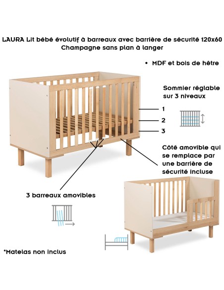 LAURA Lit bébé évolutif à barreaux avec barrière de sécurité 120x60 Champagne