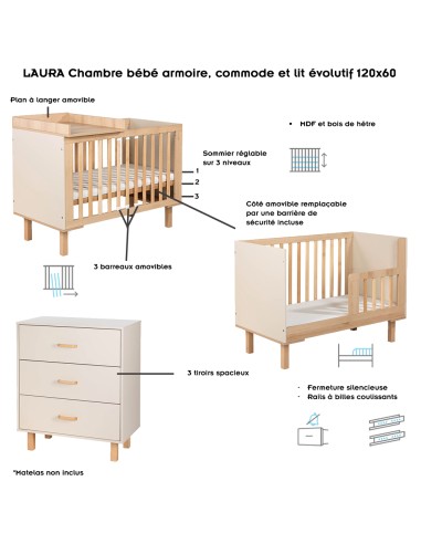 LAURA Ensemble bébé commode et lit évolutif 120x60 Champagne