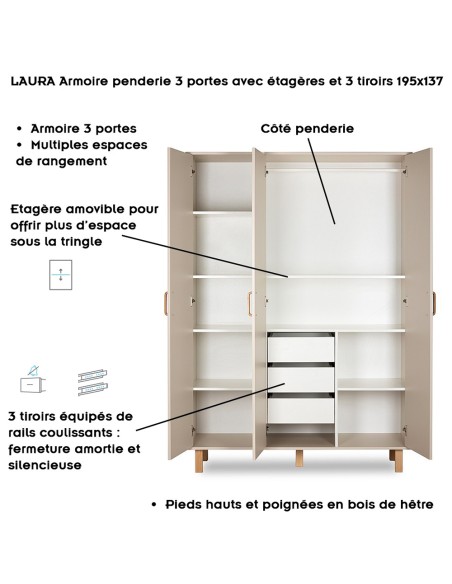 LAURA Chambre bébé armoire commode et lit évolutif 120x60 Champagne