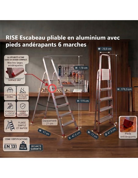 RISE Escabeau pliable en aluminium avec pieds antidérapants