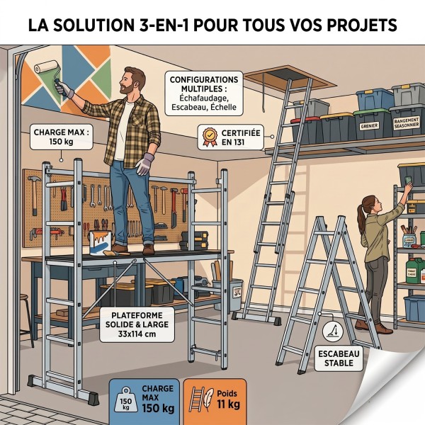 HIGH Échelle 2 Plans Modulable en Aluminium – Polyvalente 3-en-1