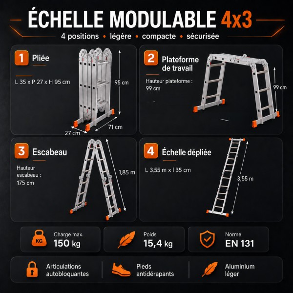 Échelle modulable aluminium 4x3 avec plateforme ZTRA