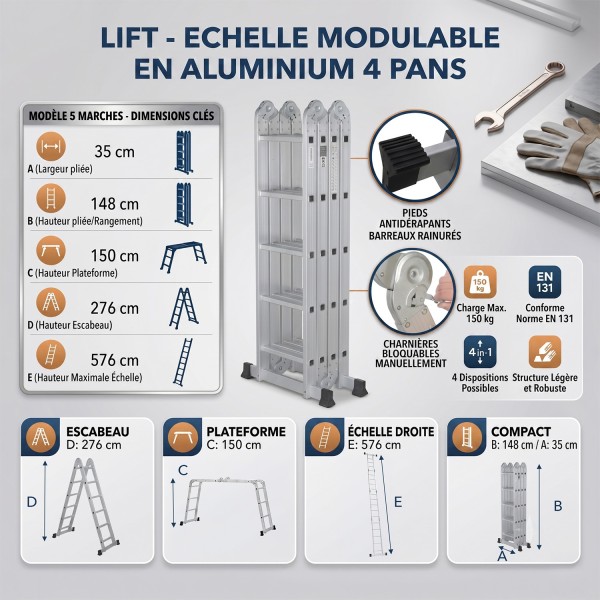 Échelle modulable aluminium 4 pans LIFT 5 marches – 150 kg