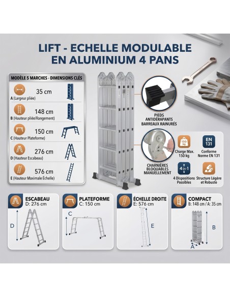 Échelle modulable aluminium 4 pans LIFT 5 marches – 150 kg