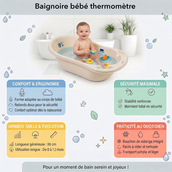 Baignoire bébé thermomètre pied évacuation 86 cm | BB-BOOM