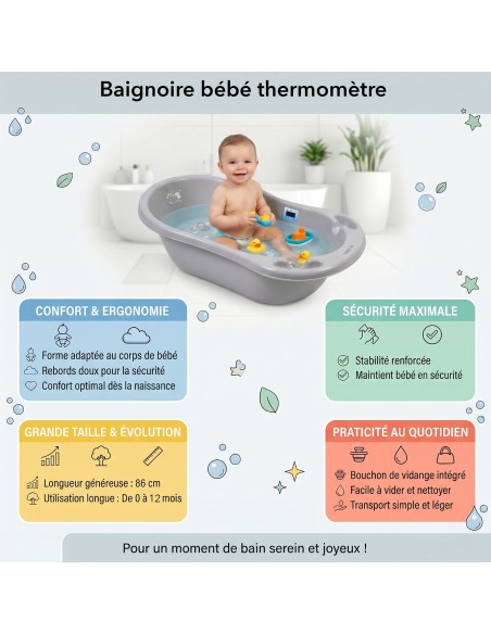 Baignoire bébé thermomètre pied évacuation 86 cm | BB-BOOM