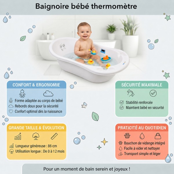 Baignoire bébé thermomètre pied évacuation 86 cm | BB-BOOM