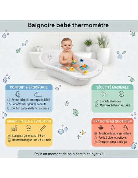 Baignoire bébé thermomètre pied évacuation 86 cm | BB-BOOM