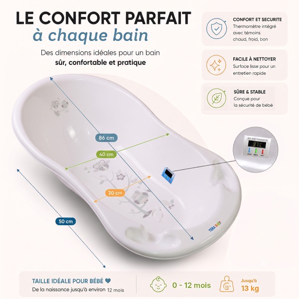 Baignoire bébé thermomètre pied évacuation 86 cm | BB-BOOM