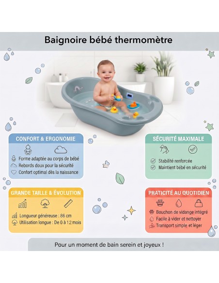 Baignoire bébé thermomètre pied évacuation 86 cm | BB-BOOM
