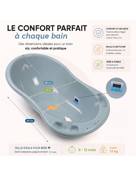 Baignoire bébé thermomètre pied évacuation 86 cm | BB-BOOM