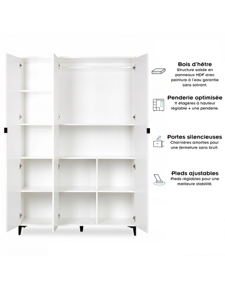 MIA Armoire penderie 3 portes avec étagères pour chambre enfant