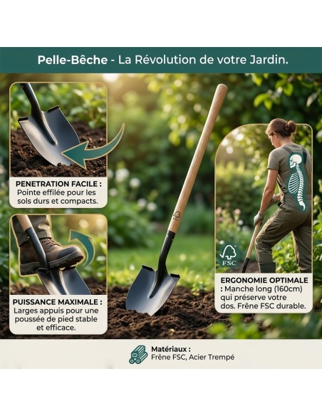 Bêche plate avec rebord en acier manche long en bois de frêne FSC