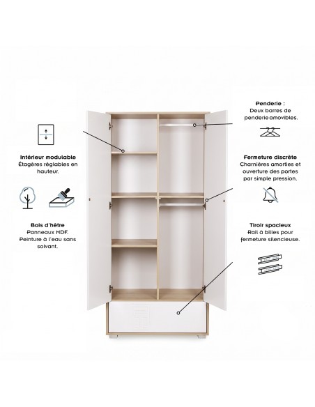 IDA Armoire penderie 2 portes avec étagères et 1 tiroir