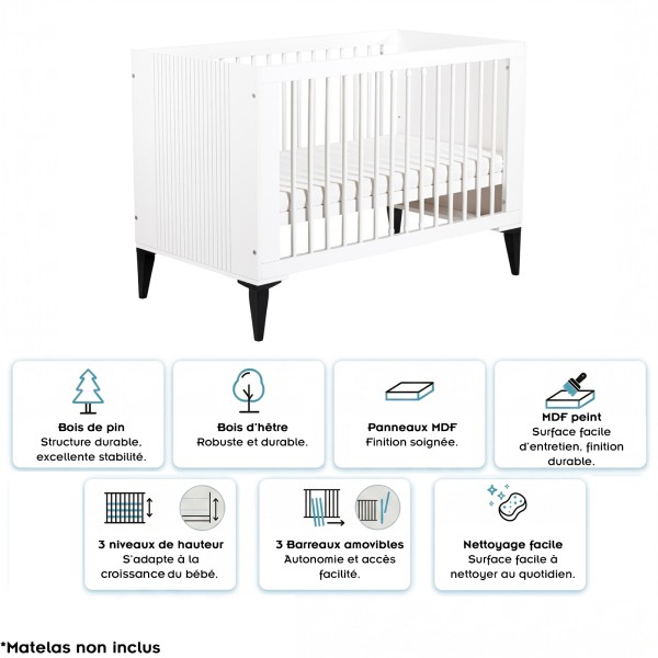 MIA Lit bébé évolutif à barreaux avec sommier réglable