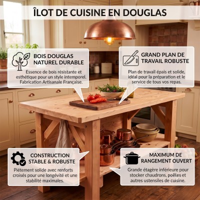 Îlot central cuisine en bois Douglas avec étagère 2