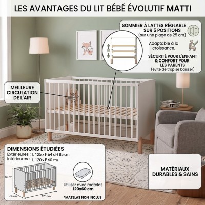MATTI Lit bébé évolutif à barreaux 2