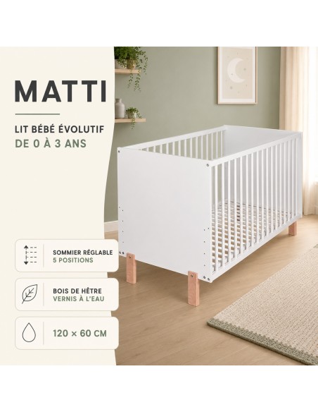 MATTI Lit bébé évolutif à barreaux pieds droits vernis écologique