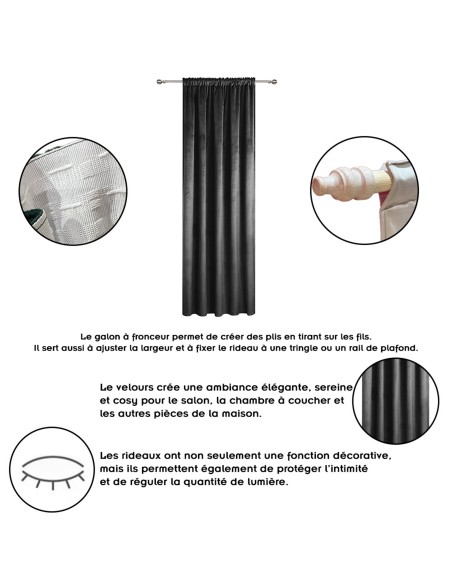 Rideau occultant en velours à galon fronceur